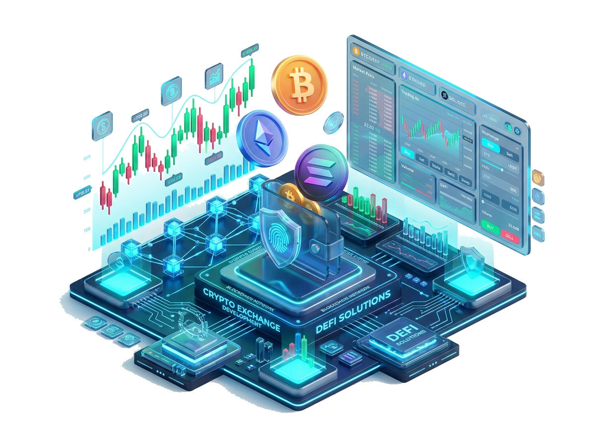 Cryptocurrency exchange order book, candlestick charting, and digital asset wallet mockup