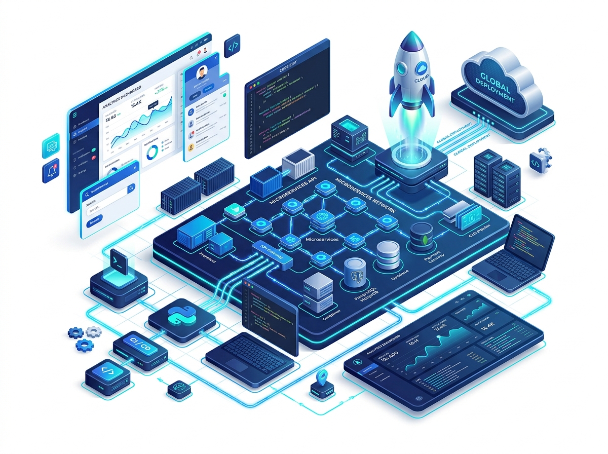 Custom software development architecture and system dashboard illustration