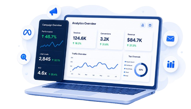 Digital marketing analytics dashboard displayed on a laptop