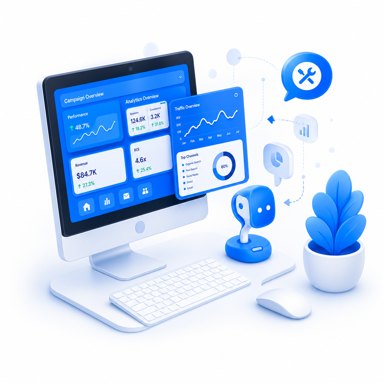 Digital marketing workstation and automation assistant illustration