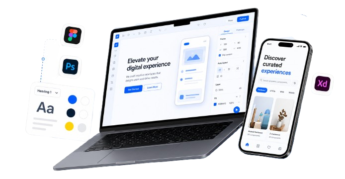 UI UX design tools with laptop and mobile interface mockups