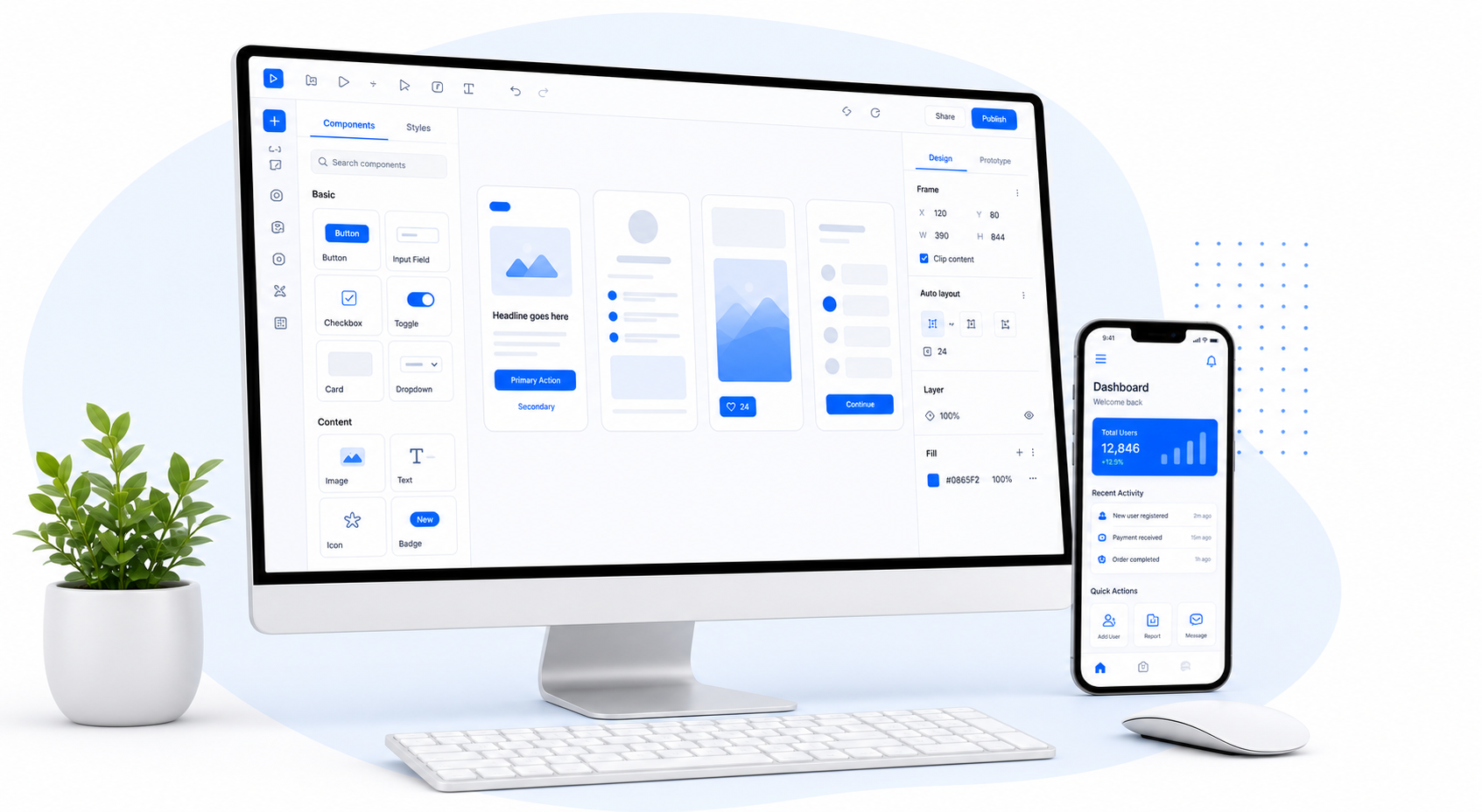 UI UX design workstation with desktop and mobile interfaces